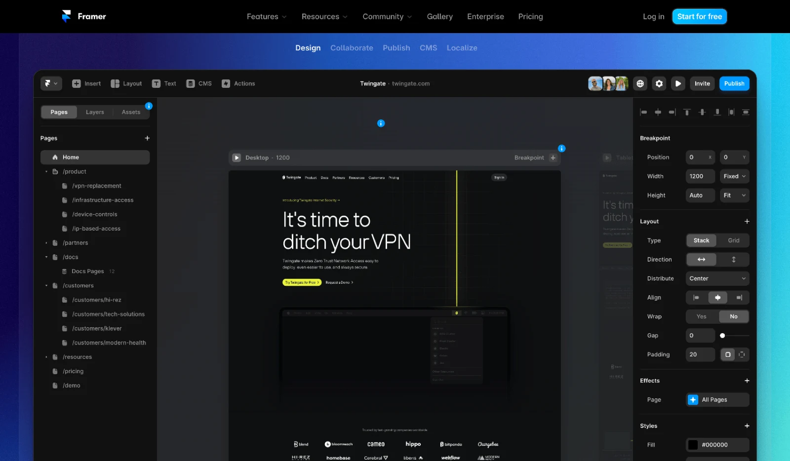 Framer: design no canvas com publicação direta na web.