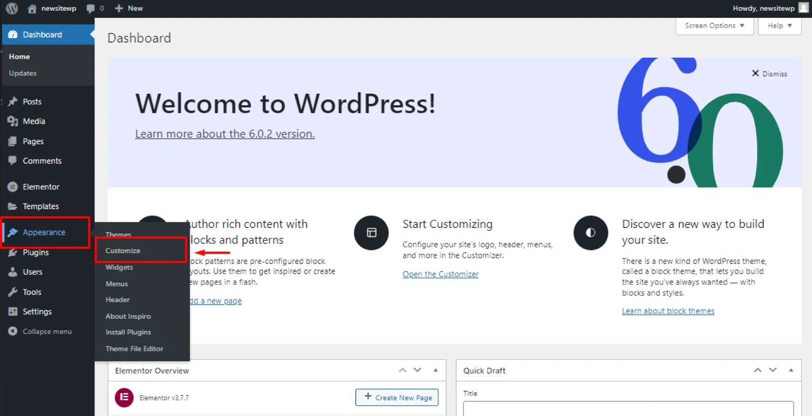 Painel do WordPress: edição visual de páginas direto pelo admin.