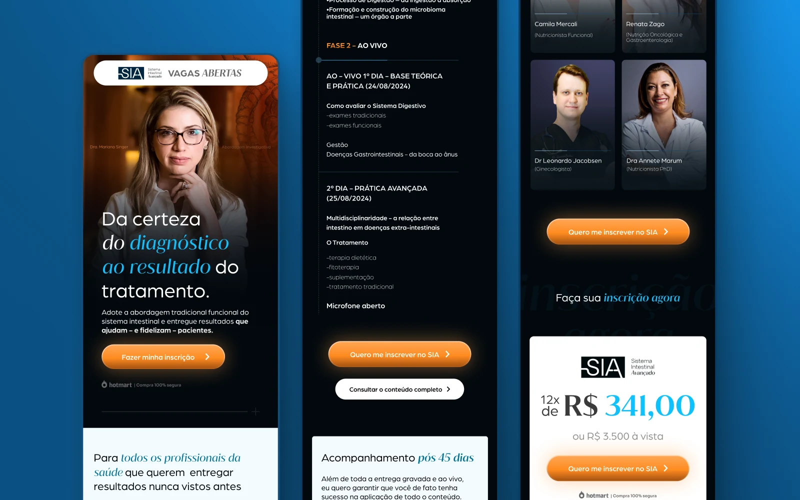 Página completa da campanha: hero + autoridade + grade + checkout integrado.